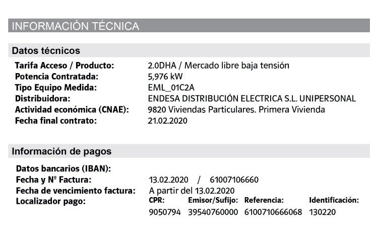 Datos técnicos Datos técnicos de la factura de Repsol