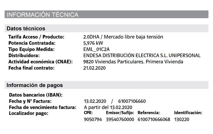 Datos técnicos de la factura de Repsol